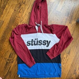 Stussy Mens S Burgundy Blue Colorblock Hoodie Rugby Shirt Button Logo Pullover